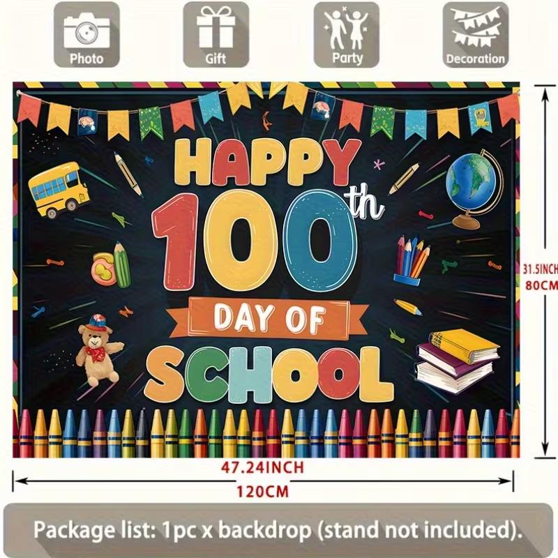 Fröhlicher 100. Schultag Kulisse, Lebendige Tafel-Szene mit Schulmaterial und Girlanden, Festliche Klassenzimmerwanddekoration