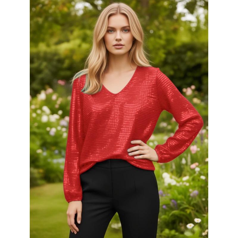 Women Elegant Loose V Neck Long Sleeve Solid Sequin T Shirt Top