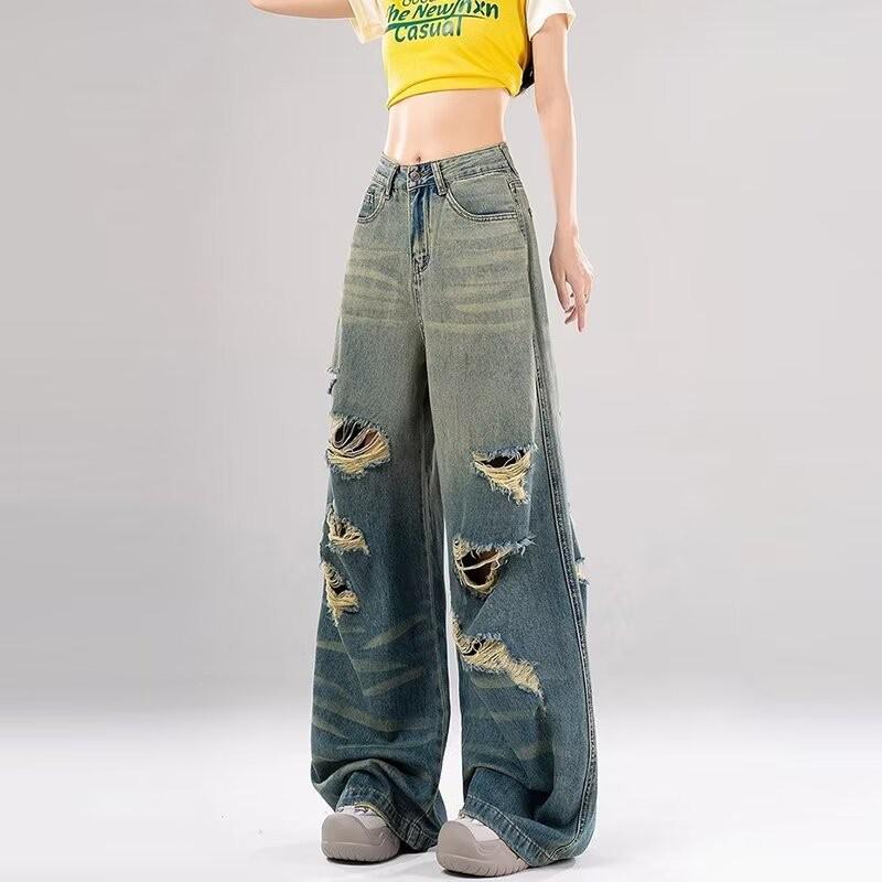 

Женские летние джинсы 2024 года с высокой талией, свободные, прямые, рваные Extra Large