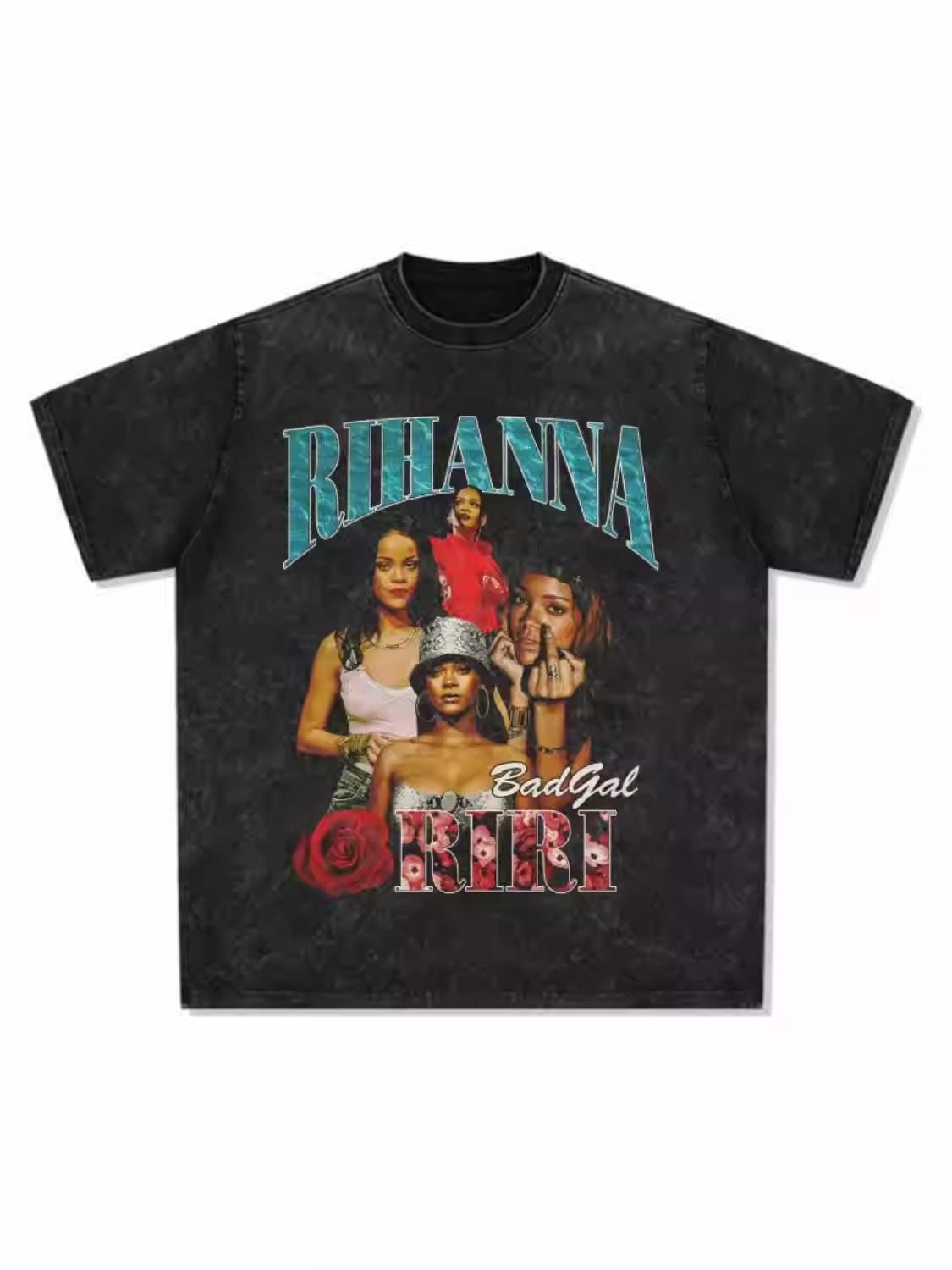 

2026 Rihanna Hip-hop Rap American T-shirt, Street Retro Print, Aged Washable Short-sleeved, Comfortable, Breathable High Qual... S разноцветный