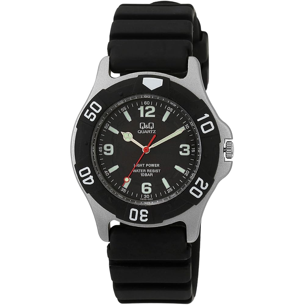 [Citizen Q & Q] Часы Q & Q 10 АТМ Водонепроницаемые Аналоговые Солар Часы, Полиуретановый Ремешок, Черный Циферблат, H95...