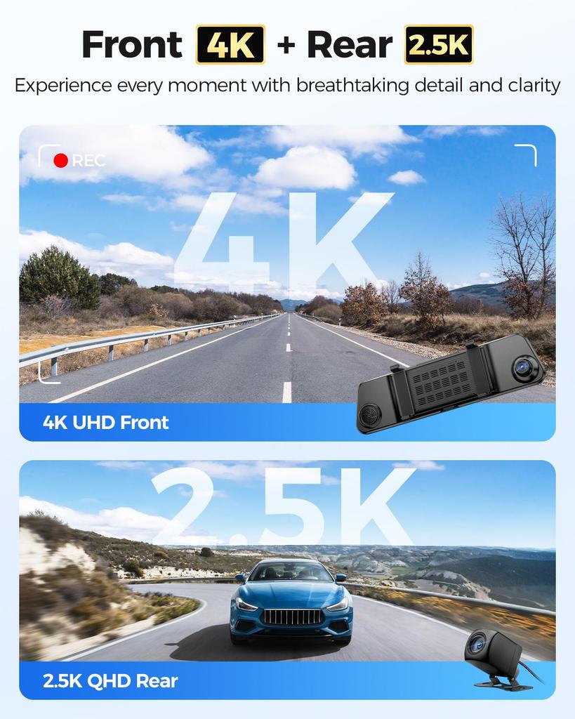 AZDOME PG17 Max 4K+2.5K Mirror Dash Cam with ADAS BSD and LCA 12" Rear View Mirror Camera with 5GHz WiFi Includes 64GB Card