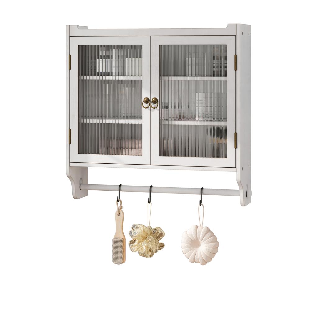 60CM Glass Door Vintage Double Door Wall Cabinet with Three Tiers of Storage with Towel Rack, for Bathroom, Kitchen,Dining Room, White Washed