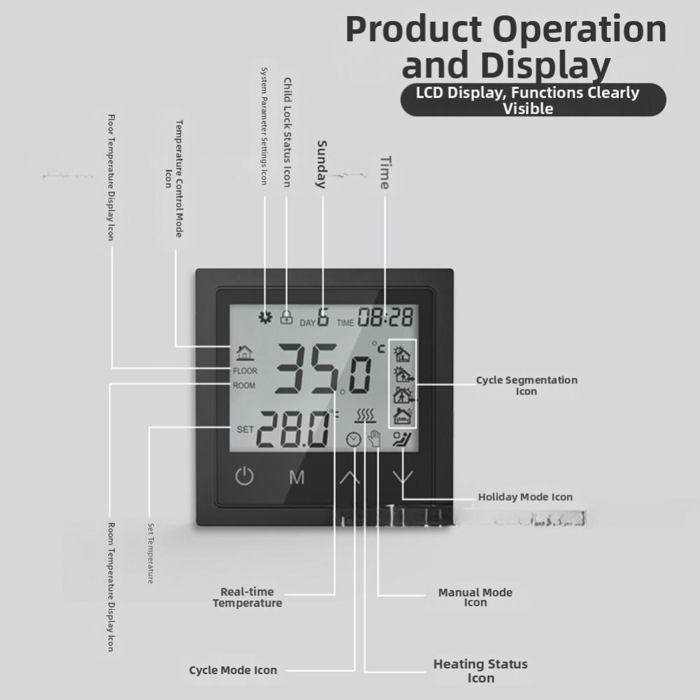 Child Lock Thermostat Floor Heating Control Easy Installation Automatic Memory For Power Outages For Underfloor Heating