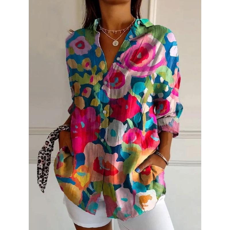 Women Casual Print Shirt Summer Elegant Long Sleeve Button Tops Shirts Womens Clothing