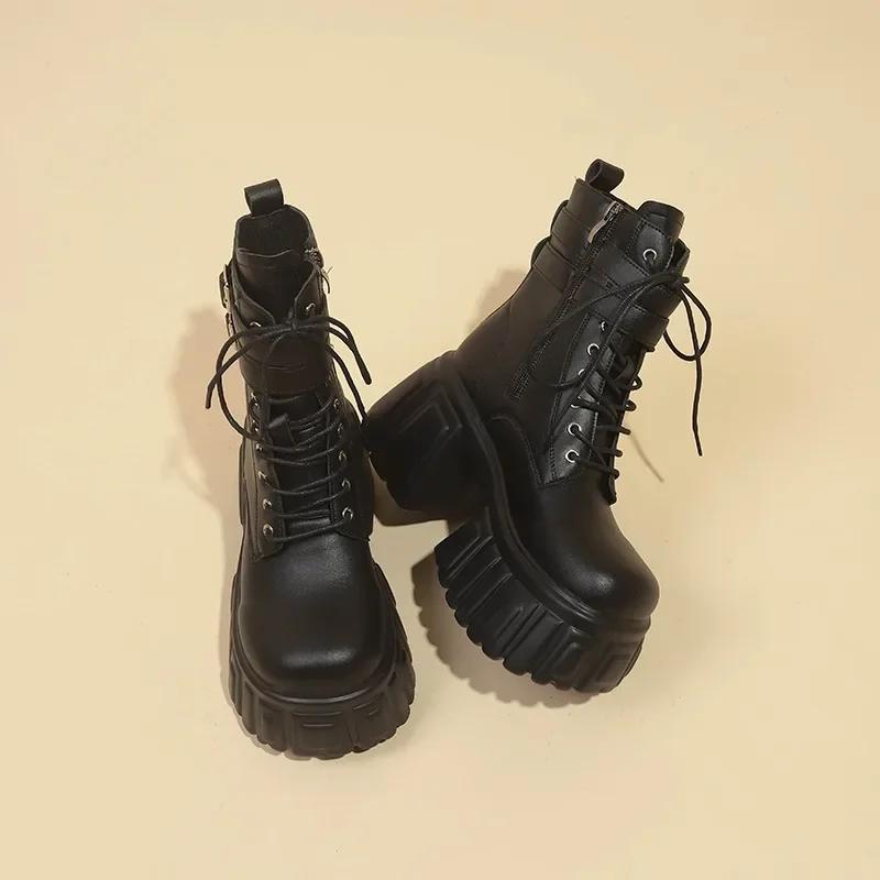 Fashion Spring Black Leather Ankle Boots Women Autumn High Platform Shoes Woman Heels Chunky Motorcycle Boots Booties Mujer