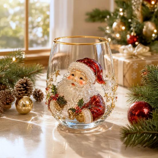 Bicchieri Unici per Feste di Natale 330ML Bicchiere d'Acqua in Vetro, Motivo Ghirlanda/Babbo Natale/Alce/Calze/Pupazzo di Neve Vetro Festivo Edizione Limitata Regalo