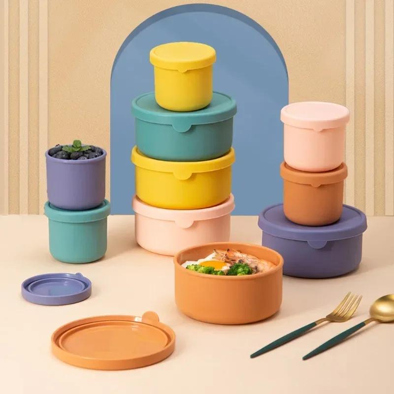 Silicone Lunch Box with Lid Round Food Crisper Bento Box Kitchen Storage Microwave Fruit Salad Fresh-Keeping