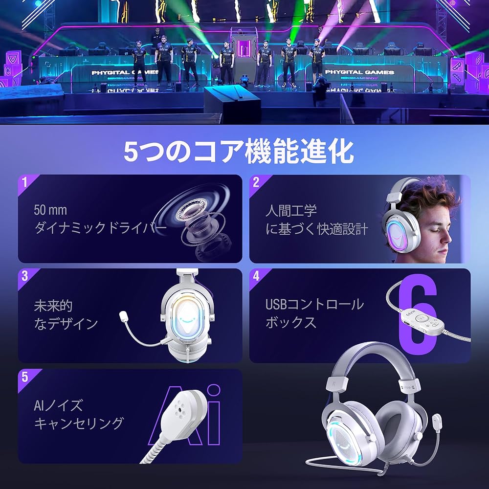 FIFINE H13WP Gaming Headset USB Wired 7.1 Surround Sound RGB Lighting Detachable Noise Cancelling Microphone for PS5 PS4 PC Mac