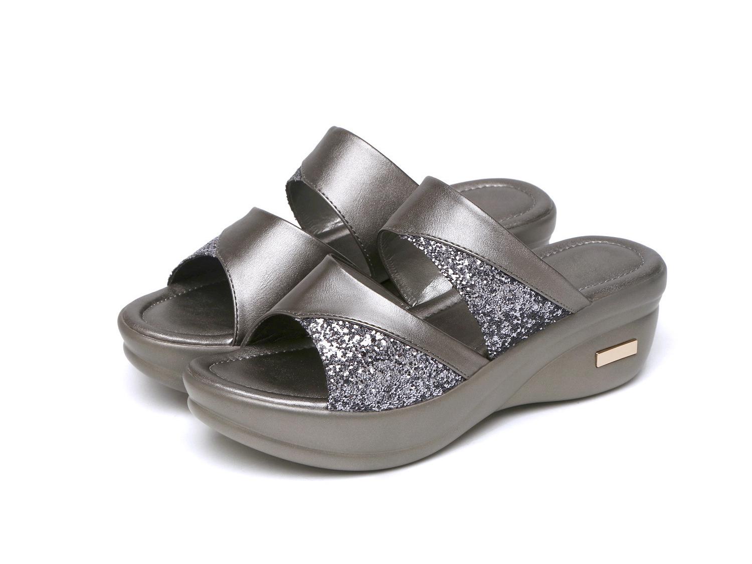 

Women s Summer Sequined Platform Wedge Sandals - Thick-Soled, Easy-Match Fish-Mouth Slippers 36 сірий колір