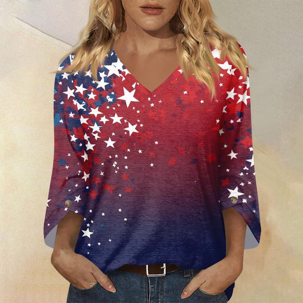 Womens Casual V Neck Three Quarter Sleeve T Shirt Top with Printed Pattern Relaxed Fit Comfortable Lightweight Design