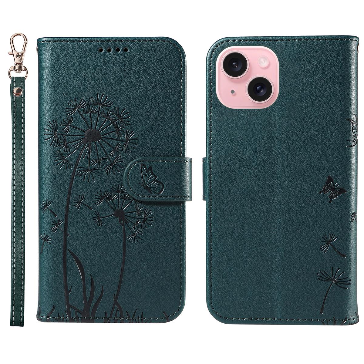 

For iPhone 15 Leather Case Wallet Phone Cover Dandelion Imprint Blue