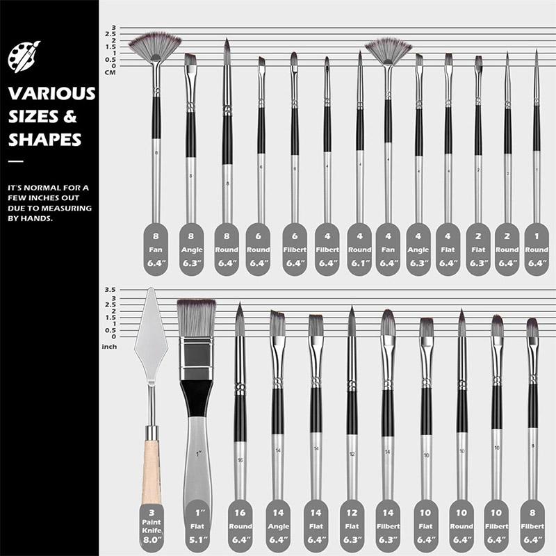 24pcs Nylon Hair Paint Brushes Set,Professional Artist Brush With Roll-Up Canvas Case,Multi-Shape Brushes For Artists & Students