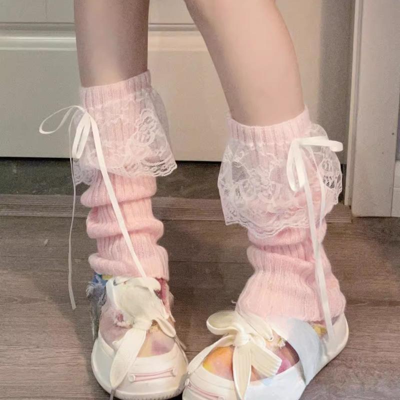 Y2K Woman Lace Leg Warmers Autumn and Winter Ribbon Lolita White Knee Warmers Long Socks JK Knitted Girl White Leg Warmers
