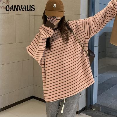 Gestreiftes Langarm-T-Shirt für Damen in Übergröße, schick, locker, Herbst, Rundhalsausschnitt