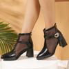 Fashion Summer Block Heel Kitten Heel Pointed Toe Mesh Boots Women's Four Seasons Shoes Mesh Cutout Plus Size Booties
