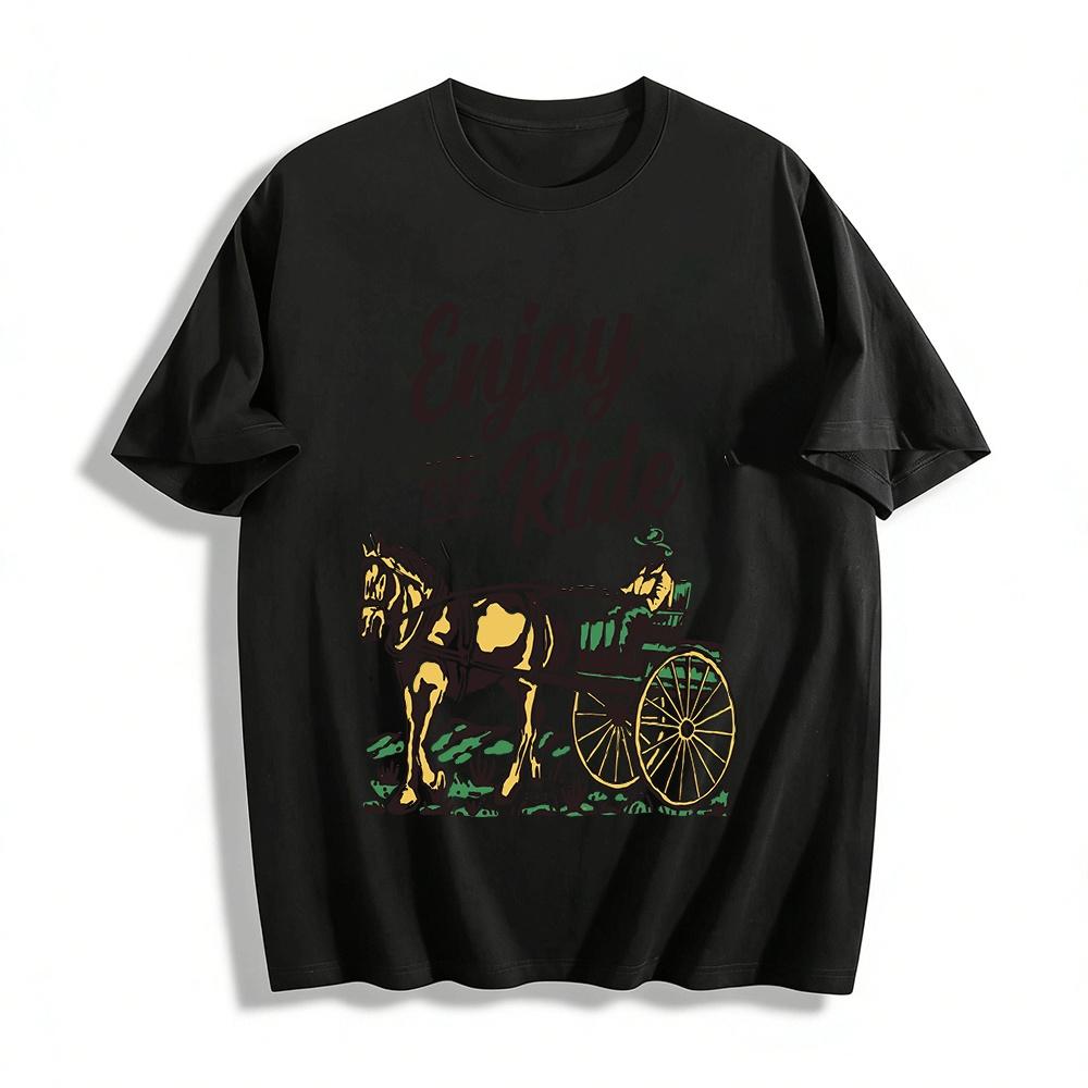 

Western Style Enjoy The Ride Carriage Print Casual Short Sleeve T-Shirt Pure cotton T-shirt XXS
