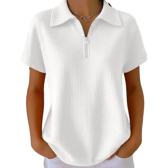 

Women Tops Lapel Short Sleeve Zipper Half Placket Shirt Tops Pure Color Waffle Texture Loose Fit Casual Shirt Home Dates Versatile XXL белый