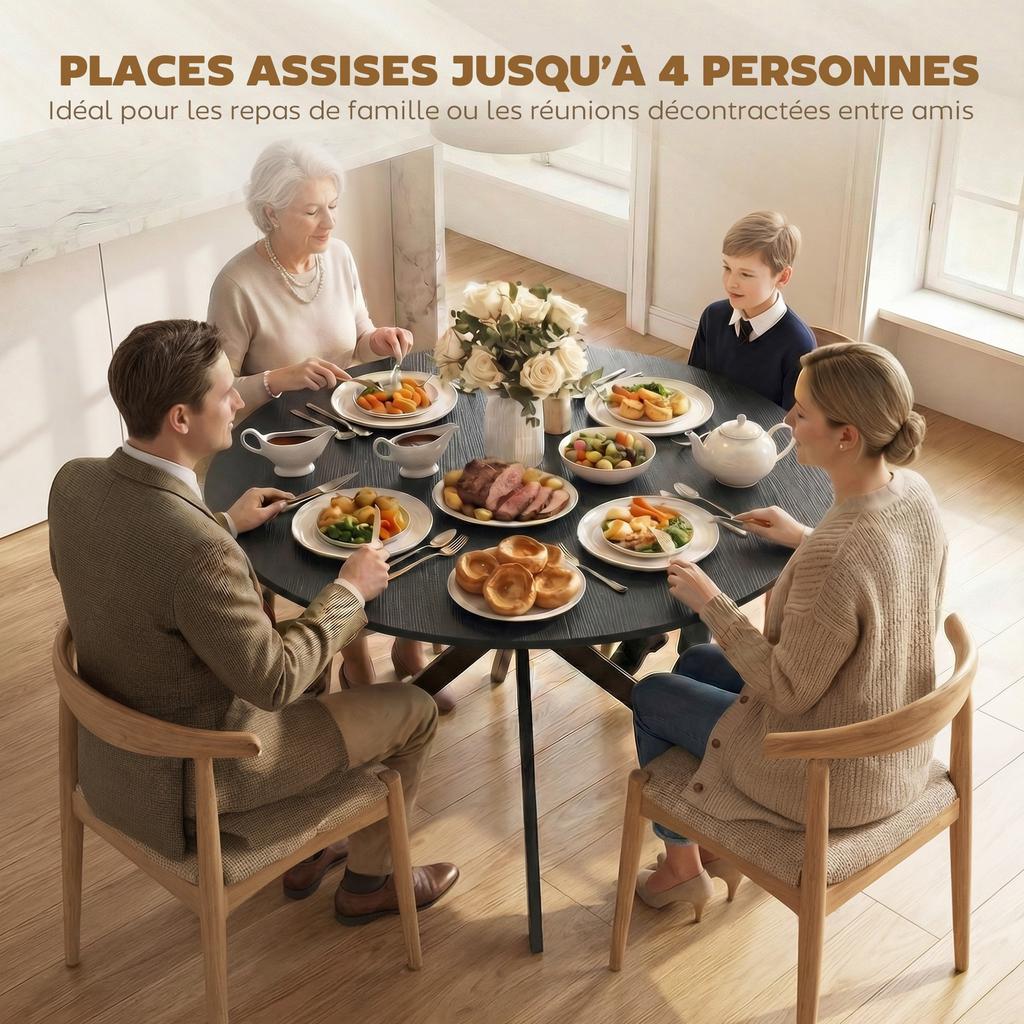 Round Dining Table for 4 People, 100 cm, Industrial, Wood-Look Top, Steel Cross Base, Black