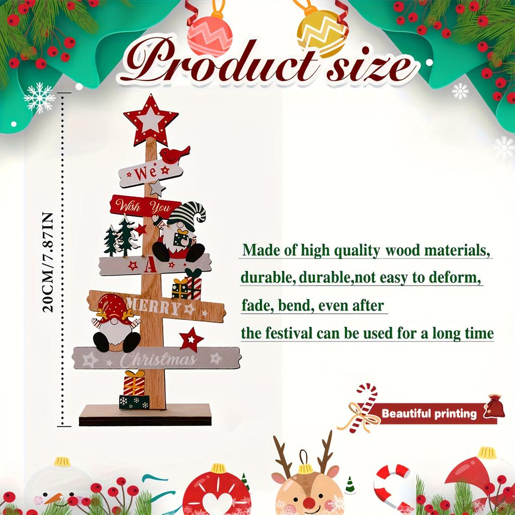 1pc Christmas Tree Gnome Home Decor, Wooden Desktop Ornament for Office Party Layered Tray (We Wish You a Merry Christmas)