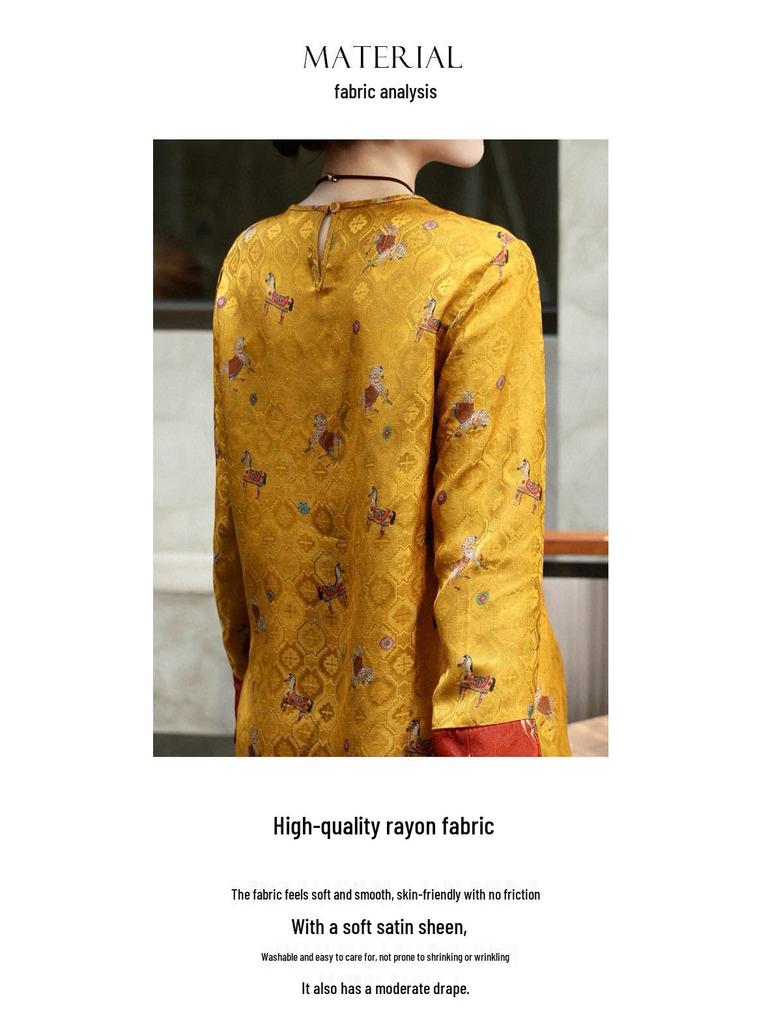 Golden Saddle Jacquard Silk Xiangyun Women's Round Neck Shirt - Spring 2026 Chinese Style Top
