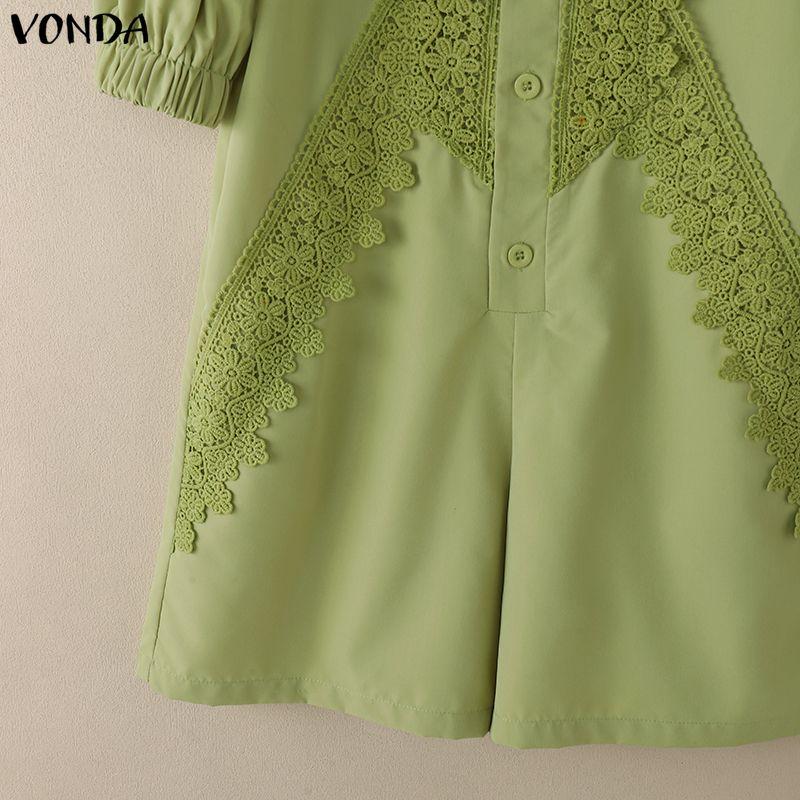 VONDA Summer Women Casual V Collar Half Sleeve Lace Crochet Patchwork Jumpsuits
