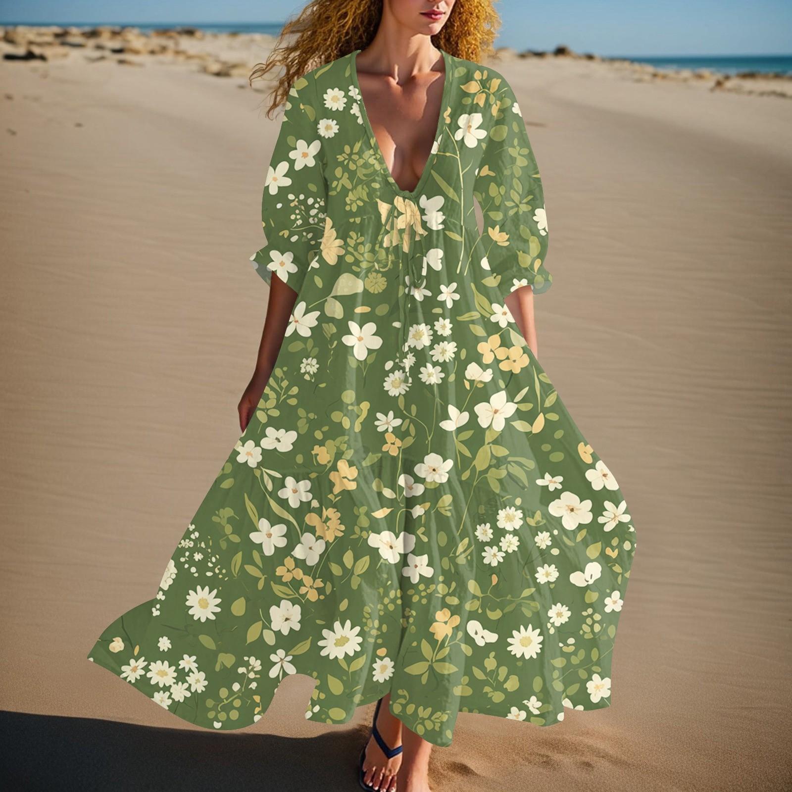 

Женское летнее модное платье с V-образным вырезом, ретро цветочным принтом, короткими рукавами, пляжное платье с кружевной отделкой M зелёный
