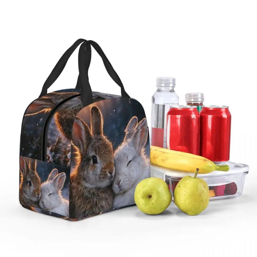 Cute Cartoon Two Little White Rabbits Insulated Lunch Bag for Women Children Leakproof Food Boxes Thermal Lunch Box Tote