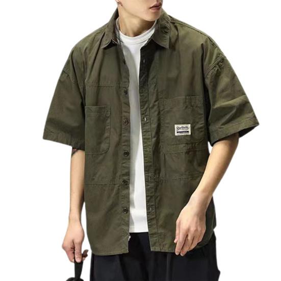 Men Shirt Turn-down Collar Hip Hop Buttons Cool Breathable Single-breasted Cardigan Solid Color Multi Pockets Summer Cargo Shirt Male Clothes