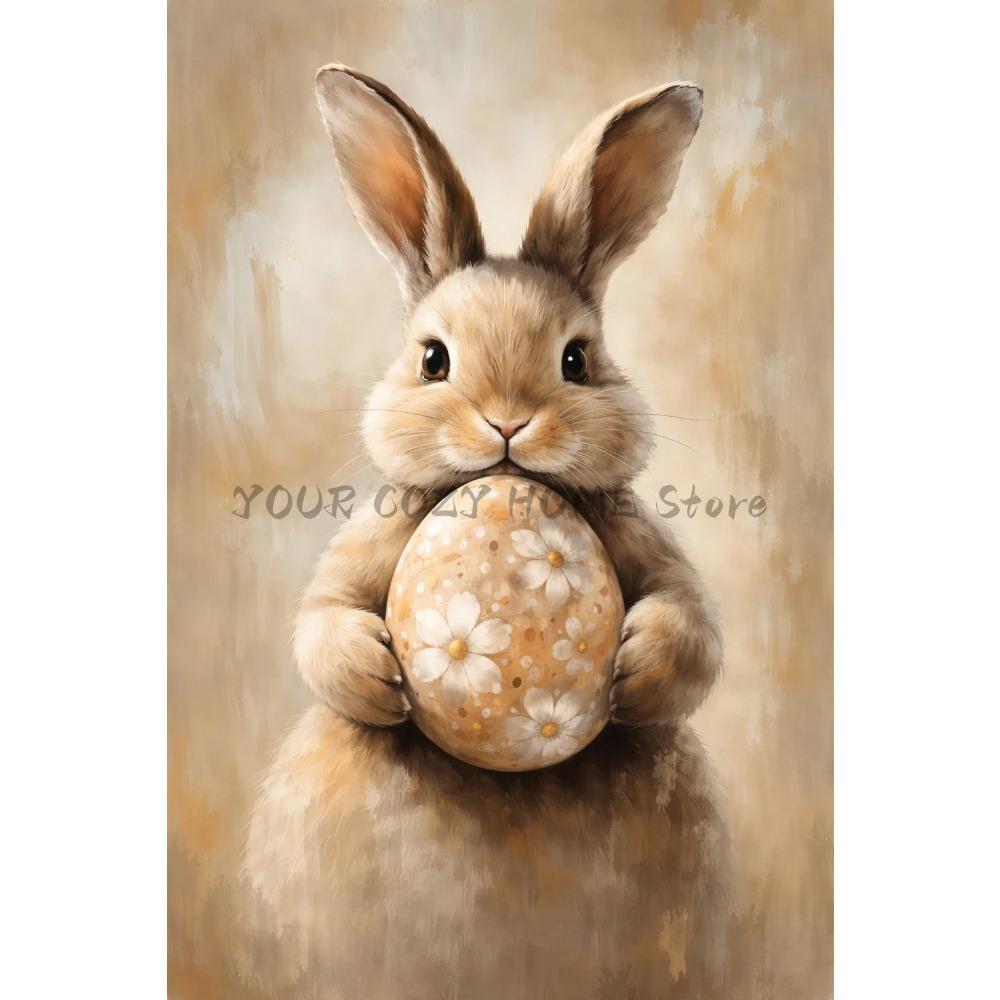 Vintage Cute Easter Bunny Spring Flower Animal Rabbit Carrot Art Poster Canvas Painting Wall Prints Picture for Room Home Decor