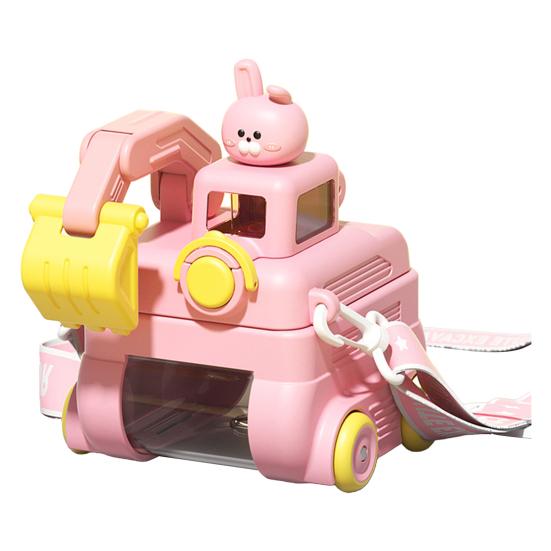 Excavator Water Bottle for Kids 500ml Leak-Proof Cartoon Cup with Wheels Adjustable Strap