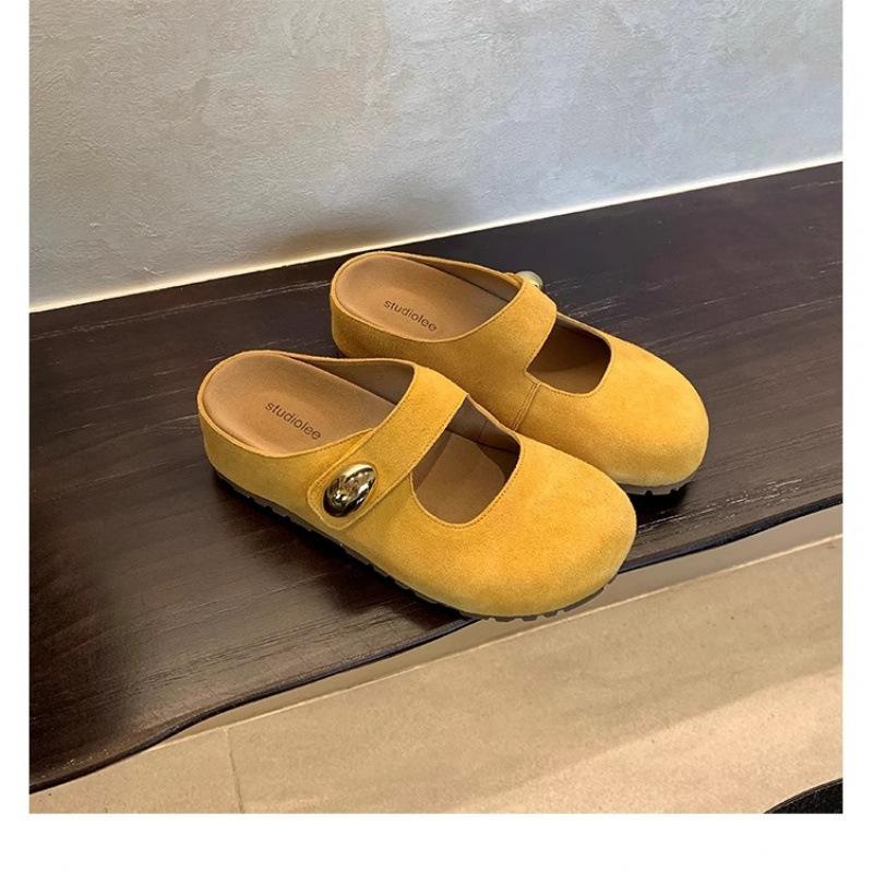 Leather thick-soled small golden bean half slippers women's inner height increase of 5cm new sandals