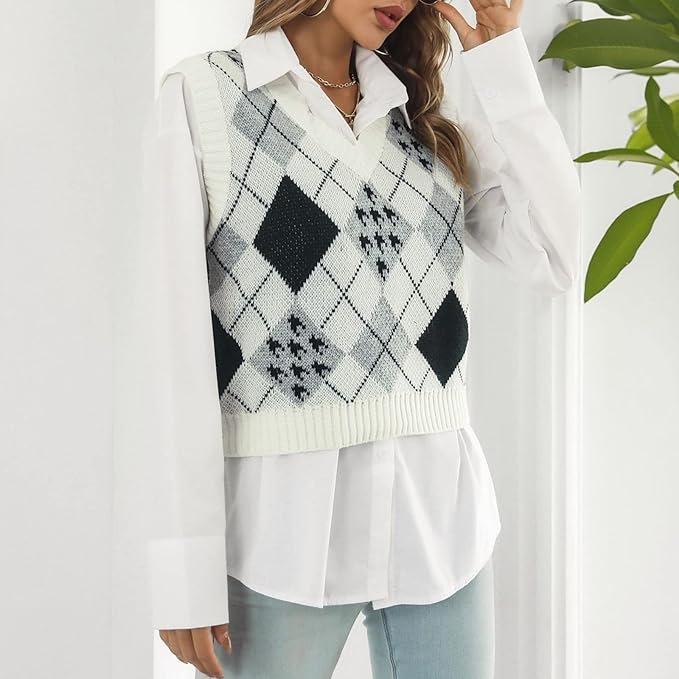 Damen Argyle Strick V-Ausschnitt Pulloverweste für Herbst/Winter