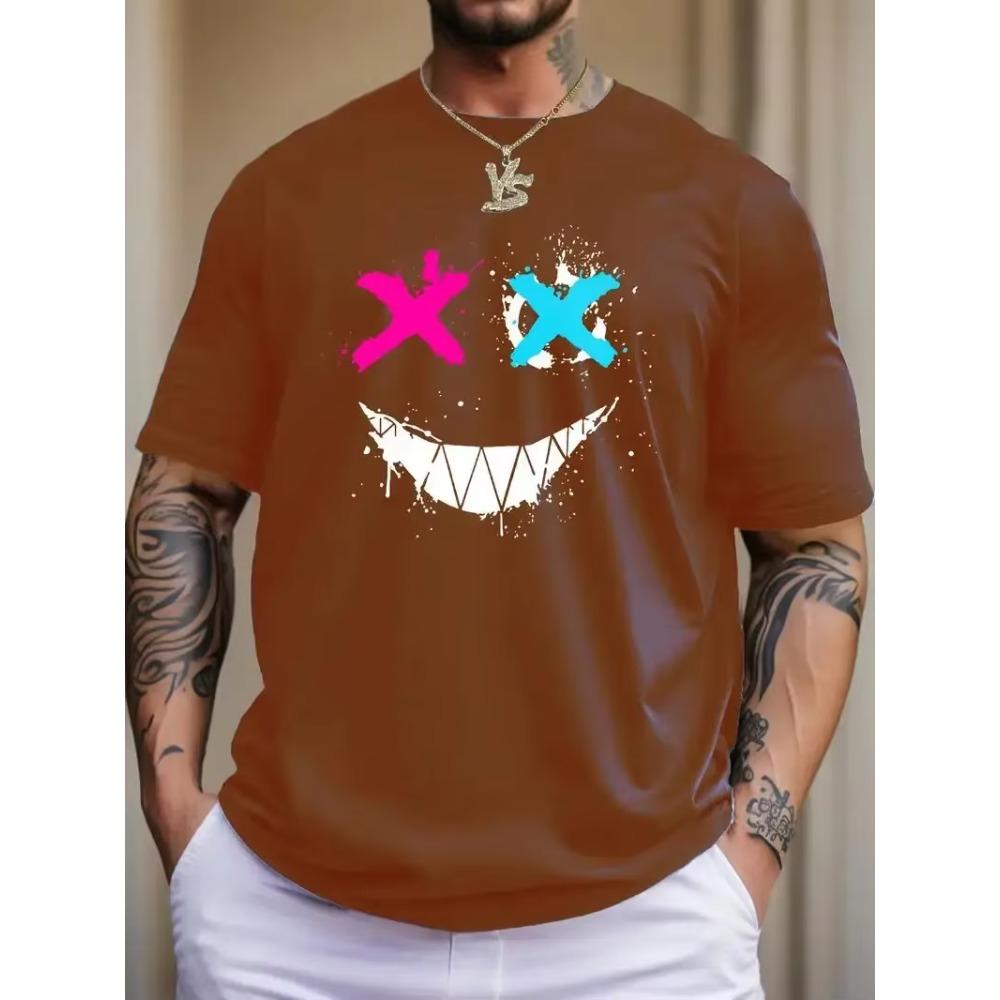 Cross Eyes Smile Face Print, Men's Graphic T-shirt, Casual Comfy Tees Tshirts for Summer, Men's Clothing Tops