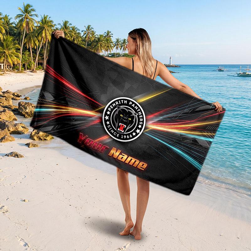 Penrith Panthers Customized Name Text Beach Towel, Soft Absorbent Towel Beach Pool Travel Personal Gift