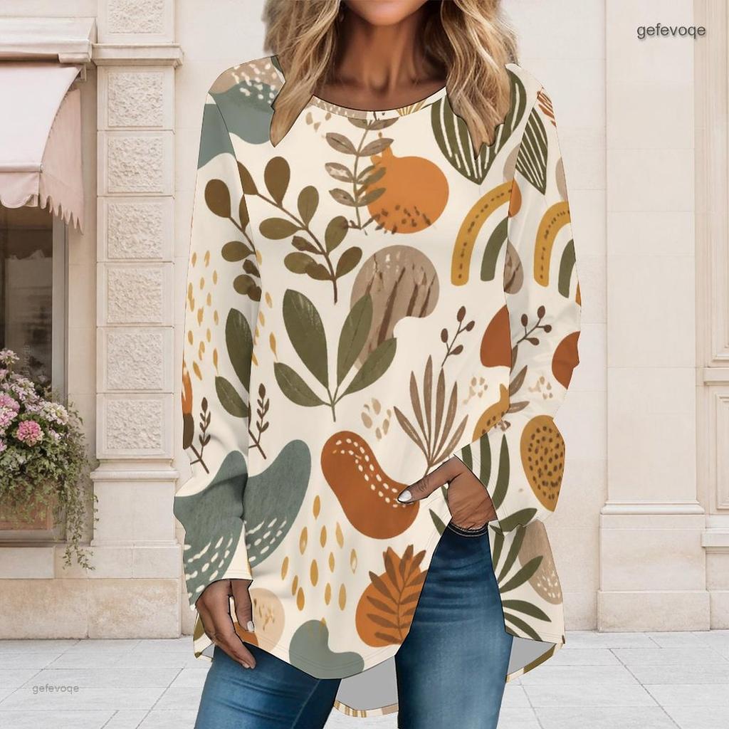 Women Plus Size Round Neck Long Sleeve Paisley Floral Printed Loose High Low Hem T Shirt
