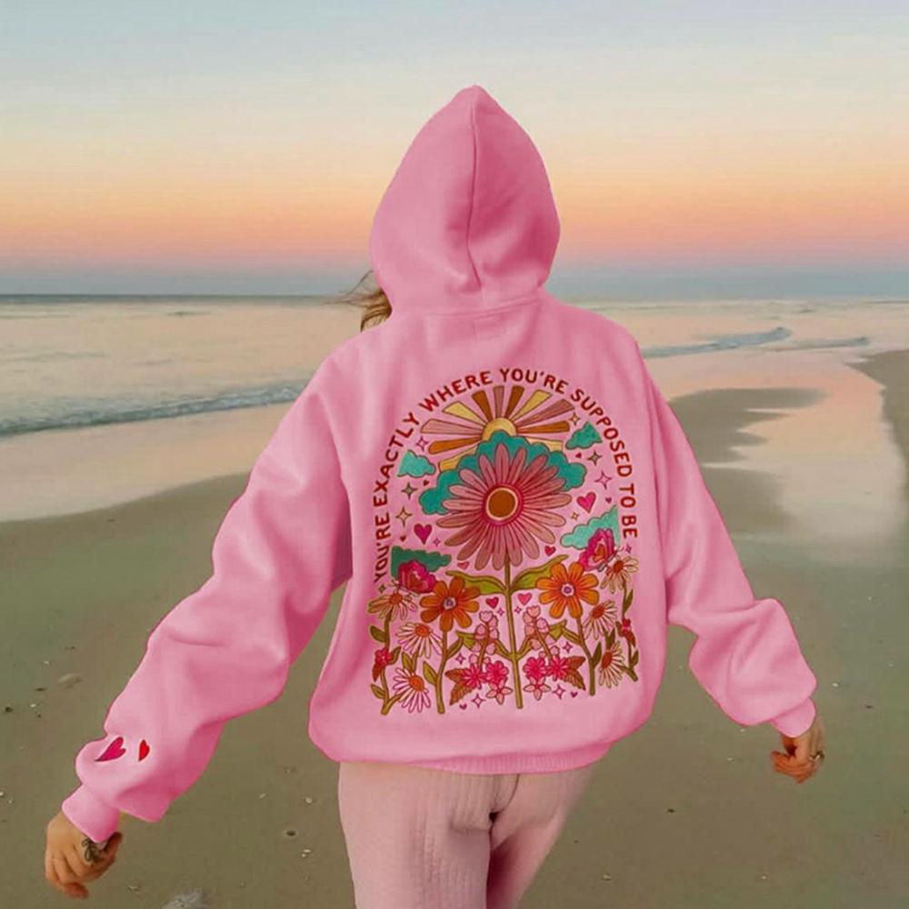 STREETRICH Women's Y2K Floral Letter Embroidered Hooded Pullover Cozy Stylish Long Sleeve Loose Sweatshirts with Kangaroo Pocket