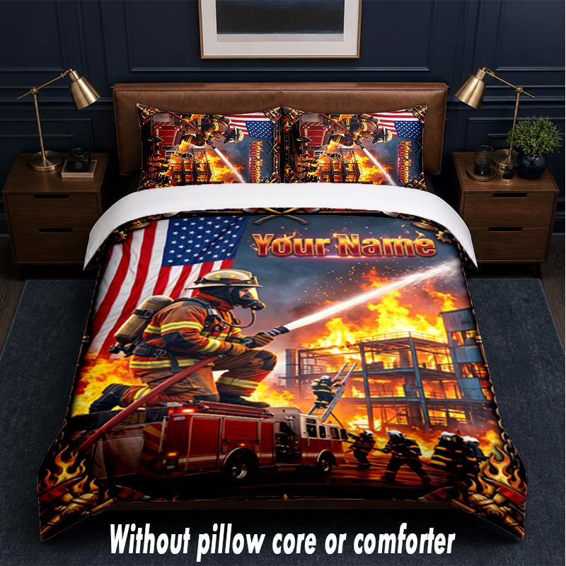 Fire Truck Theme Custom Text Or Name 3Pcs Bedding Set,1 Flat Sheet & 2 Pillowcases Personalized Home Bedding