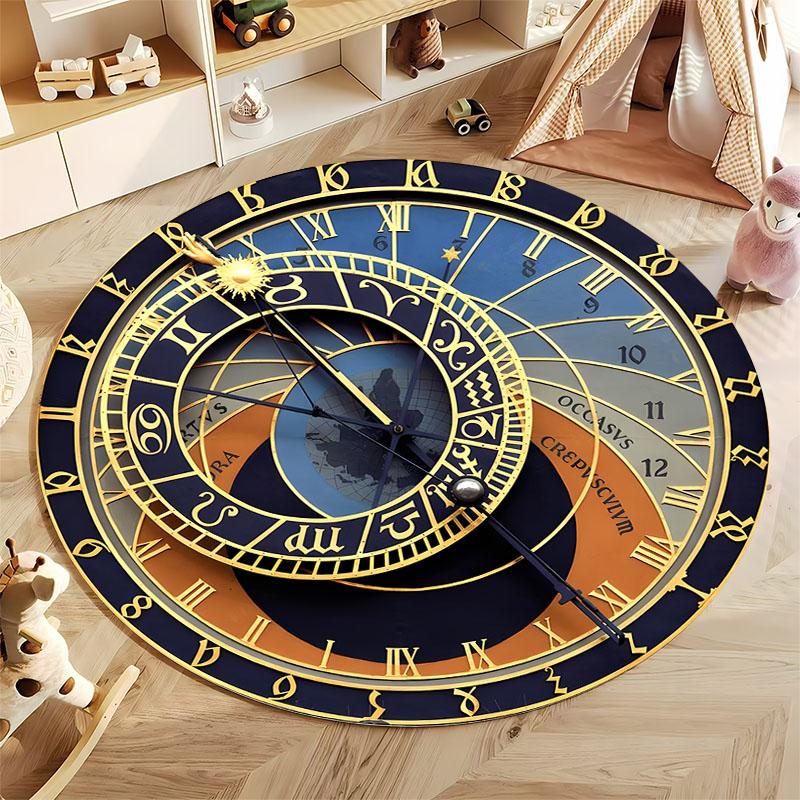 Vintage Prague Astronomical Clock Round Rug Medieval Astrology Zodiac Non-Slip Carpet for Gothic Steampunk Home Decor mat