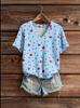 Phoenix Velvet Women's Plus Size V-Neck Knitwear - Cartoon Print Short Sleeve for Spring/Autumn.
