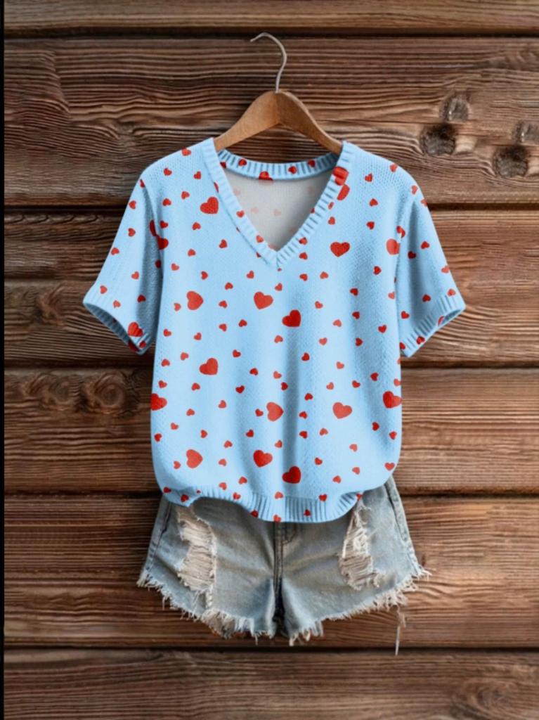 Phoenix Velvet Women's Plus Size V-Neck Knitwear - Cartoon Print Short Sleeve for Spring/Autumn.
