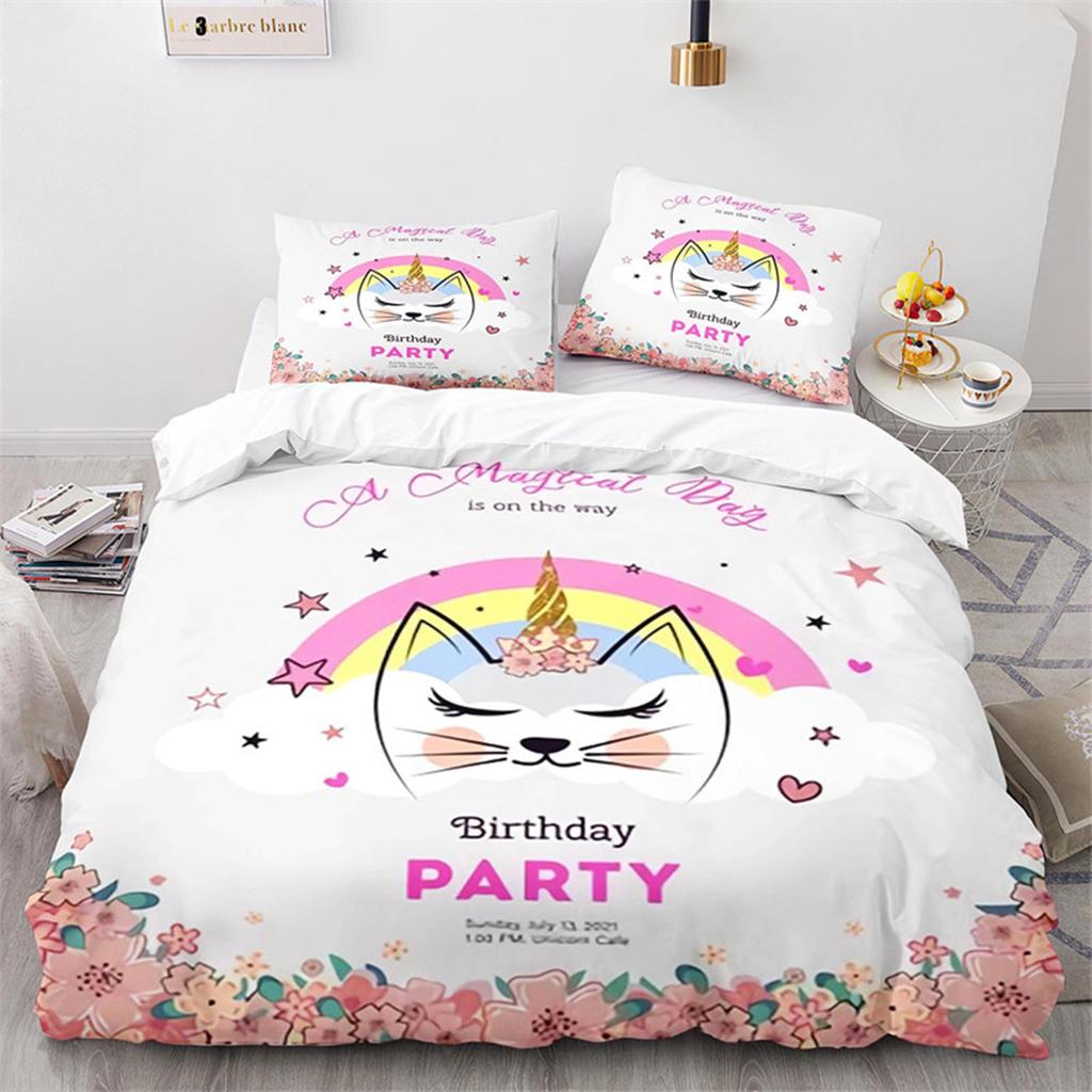 Kids Unicorn Duvet Cover Cartoon Magical Animal Microfiber Cute Rainbow Cat for Children Girls Teen Gifts for Bedroom Decoration