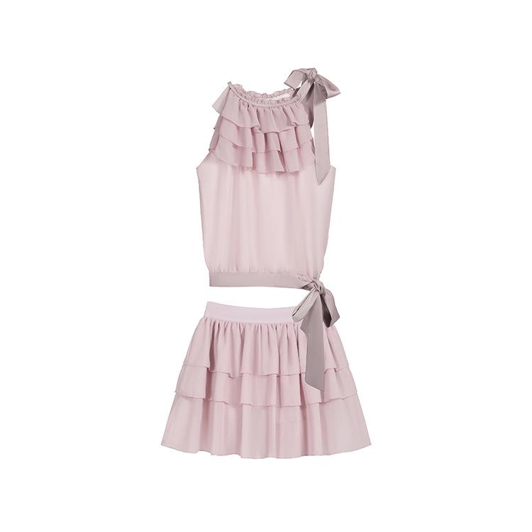 2026 Spring/Summer Pink Lace Strappy Tank Top & Ribbon Skirt Set for Women