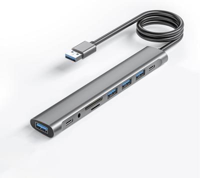 USB Hub Long Adapter Data Card Data Splitter with USB C Power Main Cable Cable, 9-Port (4x 3.0 Ports, SD/TF Slot, 3.5mm Jack, Port, 5V/3A Port),