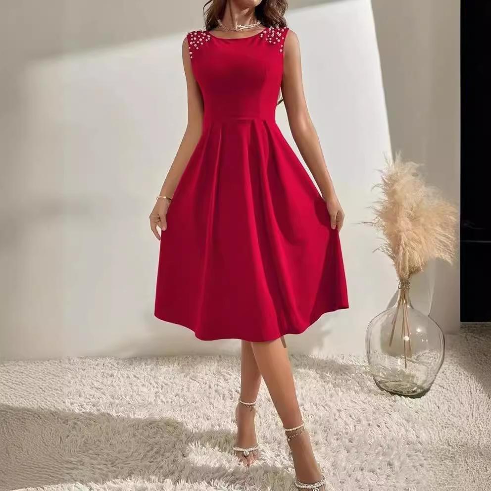 Dress summer new European and American women's clothing slim-fitting round neck beaded sleeveless skirt