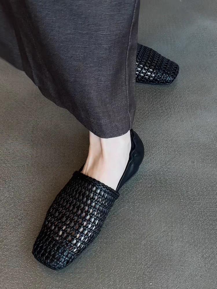 Cowhide Version Niche Retro Woven Hollow Breathable Bag Heel Single Shoes Women's Square Head One Pedal Versatile Lazy Flat Shoes