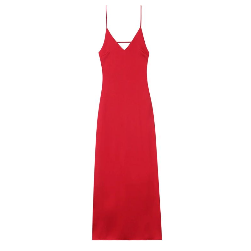 Summer V Neck Sling Mid-Length Silk Satin Texture Midi Skirt Dress 2452331 3258331 8331