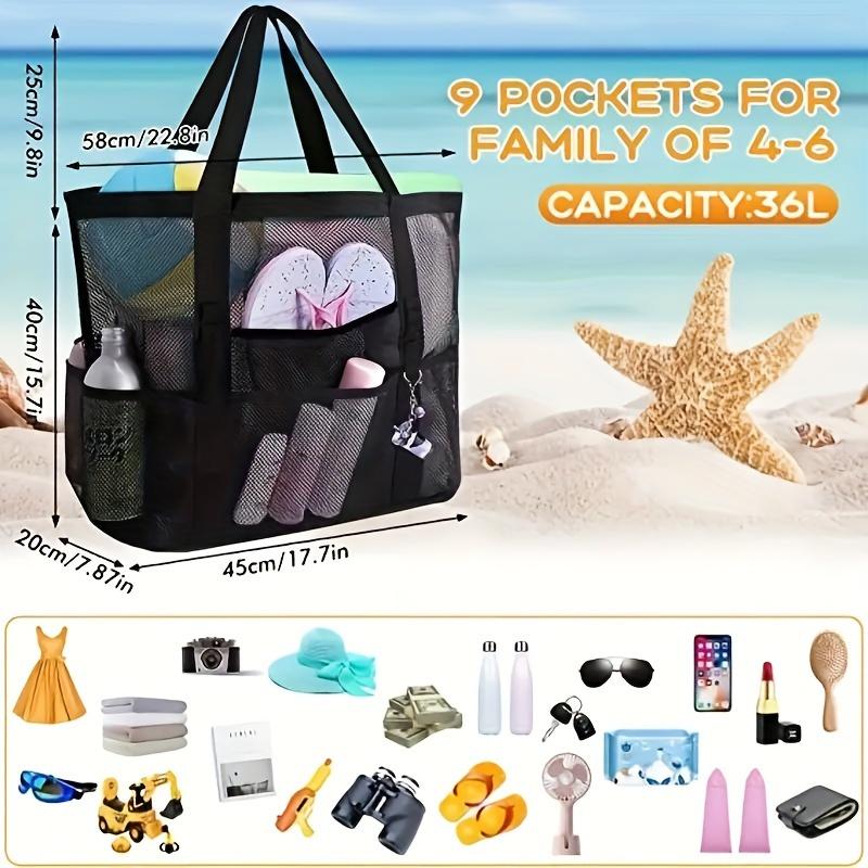 Large Capacity Mesh Beach Tote Bag for Swimming, Shower, Fitness & Travel, Foldable Grocery Zipper Bag, Summer Beach Essential