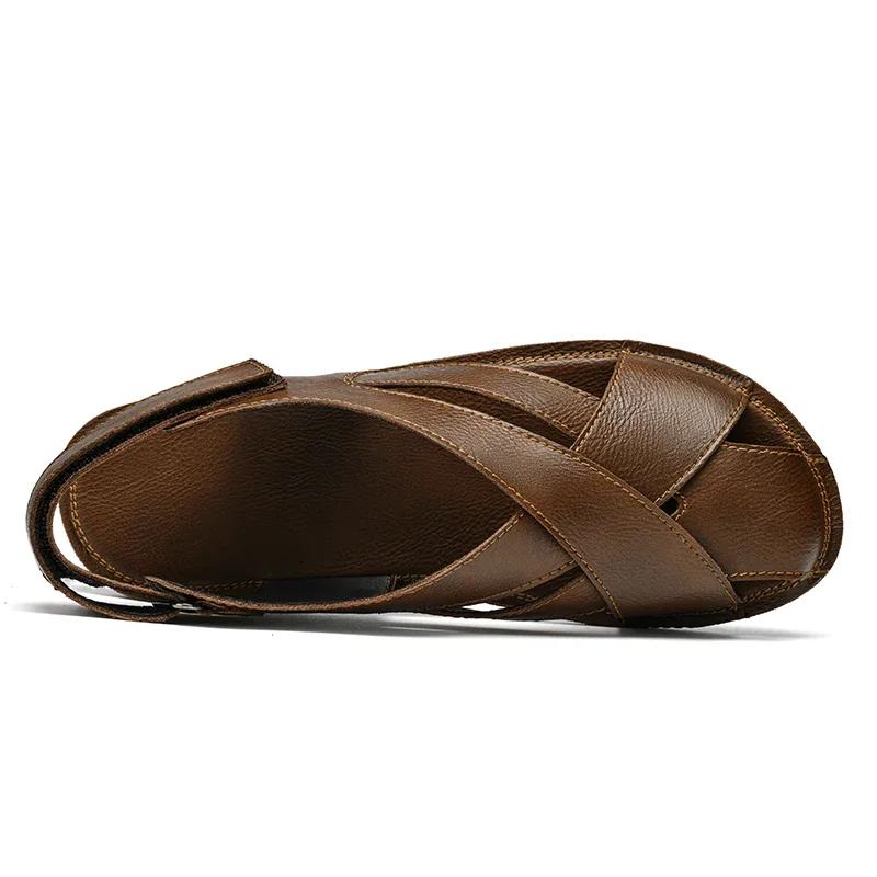 Genuine Leather Men Casual Shoes Sandals Mens Breathable Slip on Gladiator Sandals Man Breathable Slip on Shoes Flip Flops Hole