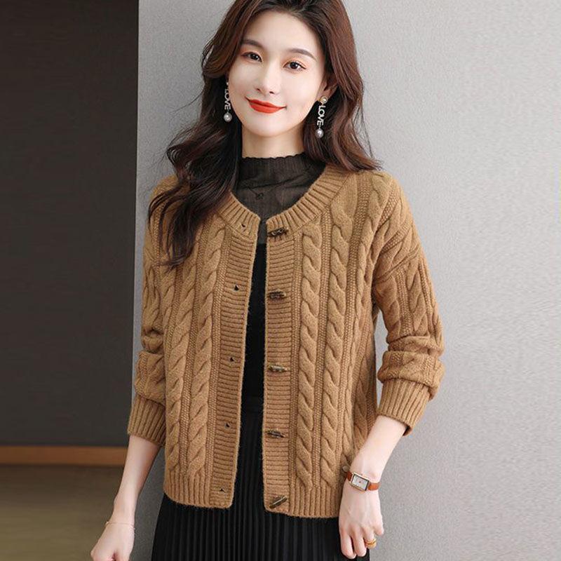 

Новый осенне-зимний кардиган-свитер с переплетением, однотонный, свободный, верхняя одежда, коровьего темперамента, тонкий, с угловой пряжкой, короткий вязаный свитер One Size верблюд